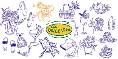 Akdeniz yaşam tarzından esinlenerek çizilmiş tuhaf bir çizim. Yiyecek, içecek, çiçek, yaz dekorasyonu ve seyahat unsurlarını içerir. Markalaşma, ambalaj, parmak izi ve çıkartmalar için mükemmel..