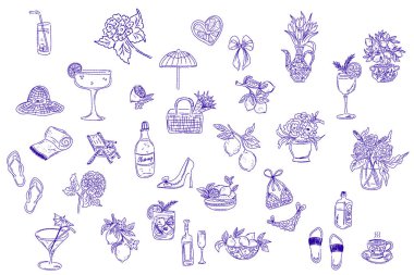 Akdeniz yaşam tarzından esinlenerek çizilmiş tuhaf bir çizim. Yiyecek, içecek, çiçek, yaz dekorasyonu ve seyahat unsurlarını içerir. Markalaşma, ambalaj, parmak izi ve çıkartmalar için mükemmel..