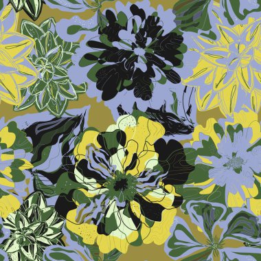 Tropik çiçekler ve yapraklarla biçimlendirilmiş kusursuz desen. Zengin doku ve dinamik şekiller onu tekstil, ambalaj ve iç tasarım projeleri için mükemmel hale getirir.