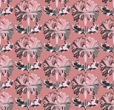 Kusursuz desenli, stilize çiçekler ve folklorik sanat tarzında yapraklar. Geleneksel motiflerden esinlenilmiş klasik botanik baskı. Çağdaş linocut esinlenilmiş süs tasarımı