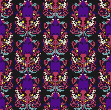 Dekoratif mürekkep balığı desenli, biçimlendirilmiş süs tasarımı. Zarif çizgiler, desenli detaylar ve deniz teması tekstil, duvar kâğıdı ve ambalaj için muhteşem bir retro tarzı oluşturur..