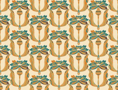 Knapweed. Dekoratif çiçekler ve folklorik sanat tarzında yapraklarla kusursuz çiçek deseni. Geleneksel motiflerden esinlenilmiş klasik süsleme baskısı. Tekstil, duvar kağıdı ve kırtasiye için ideal.