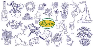 Akdeniz yaşam tarzından esinlenerek çizilmiş tuhaf bir çizim. Yiyecek, içecek, çiçek, yaz dekorasyonu ve seyahat unsurlarını içerir. Markalaşma, ambalaj, parmak izi ve çıkartmalar için mükemmel..