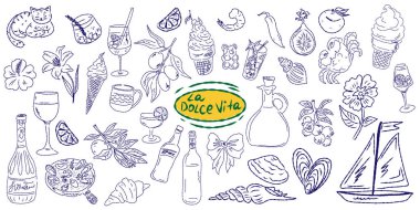 Akdeniz yaşam tarzından esinlenerek çizilmiş tuhaf bir çizim. Yiyecek, içecek, çiçek, yaz dekorasyonu ve seyahat unsurlarını içerir. Markalaşma, ambalaj, parmak izi ve çıkartmalar için mükemmel..