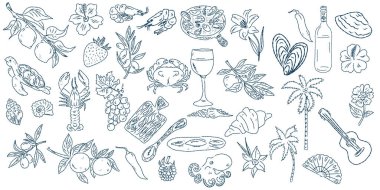 Akdeniz yaşam tarzından esinlenerek çizilmiş tuhaf bir çizim. Yiyecek, içecek, çiçek, yaz dekorasyonu ve seyahat unsurlarını içerir. Markalaşma, ambalaj, parmak izi ve çıkartmalar için mükemmel..