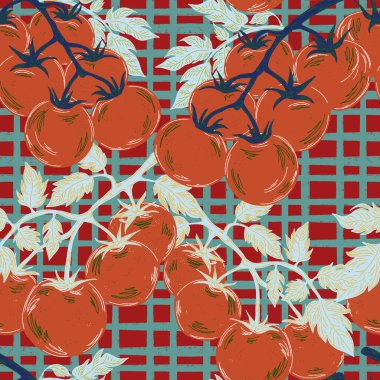 Daldaki domatesler. Eskiz öğeleriyle retro tarzında modern illüstrasyon. Akdeniz 'den esinlenilmiş kusursuz desen