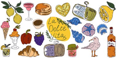 Dolce Vita, Akdeniz yaşam tarzından esinlenerek çizilmiş, renkli çizimlerden oluşan tuhaf bir set. Yiyecek, içecek, çiçek, yaz dekorasyonu ve seyahat malzemelerini içerir.