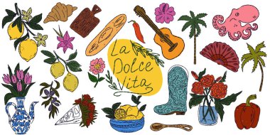 Dolce Vita, Akdeniz yaşam tarzından esinlenerek çizilmiş, renkli çizimlerden oluşan tuhaf bir set. Yiyecek, içecek, çiçek, yaz dekorasyonu ve seyahat malzemelerini içerir.