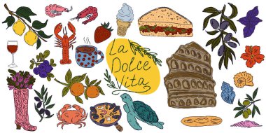 Dolce Vita, Akdeniz yaşam tarzından esinlenerek çizilmiş, renkli çizimlerden oluşan tuhaf bir set. Yiyecek, içecek, çiçek, yaz dekorasyonu ve seyahat malzemelerini içerir.