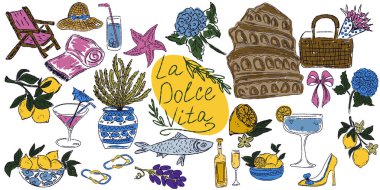 Dolce Vita, Akdeniz yaşam tarzından esinlenerek çizilmiş, renkli çizimlerden oluşan tuhaf bir set. Yiyecek, içecek, çiçek, yaz dekorasyonu ve seyahat malzemelerini içerir.