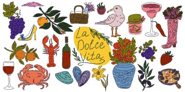 Dolce Vita, Akdeniz yaşam tarzından esinlenerek çizilmiş, renkli çizimlerden oluşan tuhaf bir set. Yiyecek, içecek, çiçek, yaz dekorasyonu ve seyahat malzemelerini içerir.