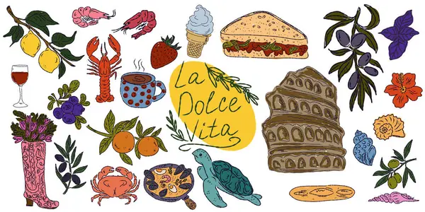 Dolce Vita, Akdeniz yaşam tarzından esinlenerek çizilmiş, renkli çizimlerden oluşan tuhaf bir set. Yiyecek, içecek, çiçek, yaz dekorasyonu ve seyahat malzemelerini içerir.