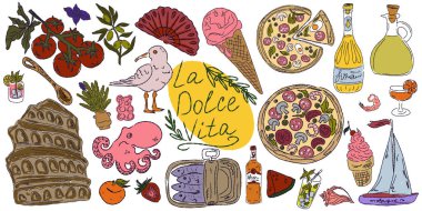 Dolce Vita, Akdeniz yaşam tarzından esinlenerek çizilmiş, renkli çizimlerden oluşan tuhaf bir set. Yiyecek, içecek, çiçek, yaz dekorasyonu ve seyahat malzemelerini içerir.