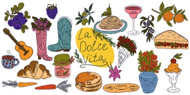 Dolce Vita, Akdeniz yaşam tarzından esinlenerek çizilmiş, renkli çizimlerden oluşan tuhaf bir set. Yiyecek, içecek, çiçek, yaz dekorasyonu ve seyahat malzemelerini içerir.
