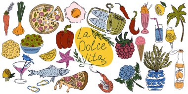 Dolce Vita, Akdeniz yaşam tarzından esinlenerek çizilmiş, renkli çizimlerden oluşan tuhaf bir set. Yiyecek, içecek, çiçek, yaz dekorasyonu ve seyahat malzemelerini içerir.
