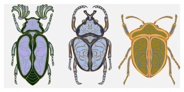 Doğadan esinlenmiş, karmaşık Art Nouveau desenli bir böceğin dekoratif çizimi..