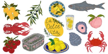 Dolce Vita koleksiyonu, Akdeniz yaşam tarzından esinlenerek dokulu hatları olan renkli elementlerin tuhaf ve ayrıntılı bir koleksiyonudur. Sketchy, elle çizilmiş stil. Ayarla