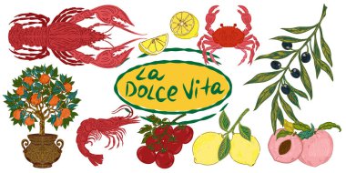 Dolce Vita koleksiyonu, Akdeniz yaşam tarzından esinlenerek dokulu hatları olan renkli elementlerin tuhaf ve ayrıntılı bir koleksiyonudur. Sketchy, elle çizilmiş stil. Ayarla