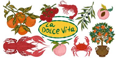 Dolce Vita koleksiyonu, Akdeniz yaşam tarzından esinlenerek dokulu hatları olan renkli elementlerin tuhaf ve ayrıntılı bir koleksiyonudur. Sketchy, elle çizilmiş stil. Ayarla