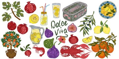 Dolce Vita koleksiyonu, Akdeniz yaşam tarzından esinlenerek dokulu hatları olan renkli elementlerin tuhaf ve ayrıntılı bir koleksiyonudur. Sketchy, elle çizilmiş stil. Ayarla