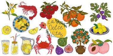 Dolce Vita koleksiyonu, Akdeniz yaşam tarzından esinlenerek dokulu hatları olan renkli elementlerin tuhaf ve ayrıntılı bir koleksiyonudur. Sketchy, elle çizilmiş stil. Ayarla