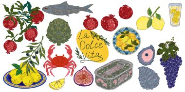 Dolce Vita koleksiyonu, Akdeniz yaşam tarzından esinlenerek dokulu hatları olan renkli elementlerin tuhaf ve ayrıntılı bir koleksiyonudur. Sketchy, elle çizilmiş stil. Ayarla