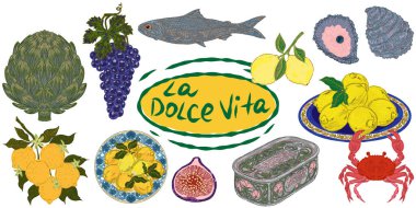 Dolce Vita koleksiyonu, Akdeniz yaşam tarzından esinlenerek dokulu hatları olan renkli elementlerin tuhaf ve ayrıntılı bir koleksiyonudur. Sketchy, elle çizilmiş stil. Ayarla