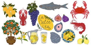 Dolce Vita koleksiyonu, Akdeniz yaşam tarzından esinlenerek dokulu hatları olan renkli elementlerin tuhaf ve ayrıntılı bir koleksiyonudur. Sketchy, elle çizilmiş stil. Ayarla