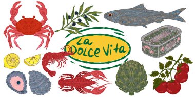 Dolce Vita koleksiyonu, Akdeniz yaşam tarzından esinlenerek dokulu hatları olan renkli elementlerin tuhaf ve ayrıntılı bir koleksiyonudur. Sketchy, elle çizilmiş stil. Ayarla