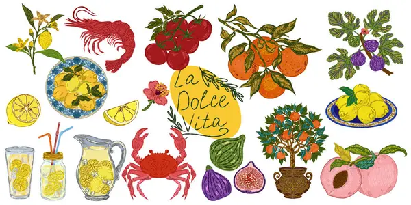 Dolce Vita koleksiyonu, Akdeniz yaşam tarzından esinlenerek dokulu hatları olan renkli elementlerin tuhaf ve ayrıntılı bir koleksiyonudur. Sketchy, elle çizilmiş stil. Ayarla