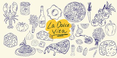 El çizimi yaz yemeği ikonları. Akdeniz la dolce vita. Sketchy kaprisli tarzı
