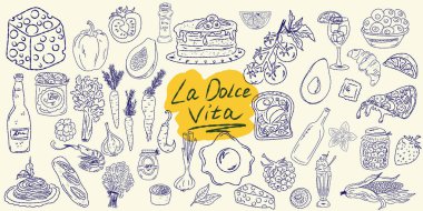 El çizimi yaz yemeği ikonları. Akdeniz la dolce vita. Sketchy kaprisli tarzı