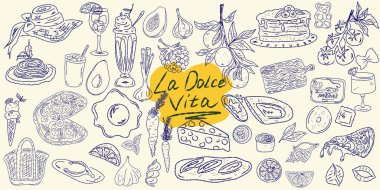 El çizimi yaz yemeği ikonları. Akdeniz la dolce vita. Sketchy kaprisli tarzı