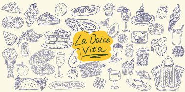 El çizimi yaz yemeği ikonları. Akdeniz la dolce vita. Sketchy kaprisli tarzı