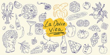 El çizimi yaz yemeği ikonları. Akdeniz la dolce vita. Sketchy kaprisli tarzı