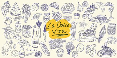 El çizimi yaz yemeği ikonları. Akdeniz la dolce vita. Sketchy kaprisli tarzı