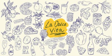 El çizimi yaz yemeği ikonları. Akdeniz la dolce vita. Sketchy kaprisli tarzı
