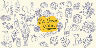 El çizimi yaz yemeği ikonları. Akdeniz la dolce vita. Sketchy kaprisli tarzı