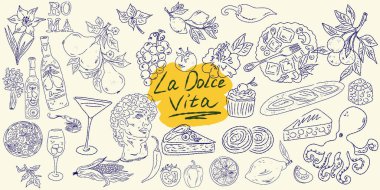 El çizimi yaz yemeği ikonları. Akdeniz la dolce vita. Sketchy kaprisli tarzı