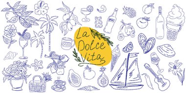 El çizimi yaz yemeği ikonları. Akdeniz la dolce vita. Sketchy kaprisli tarzı