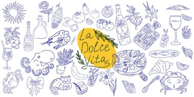 El çizimi yaz yemeği ikonları. Akdeniz la dolce vita. Sketchy kaprisli tarzı