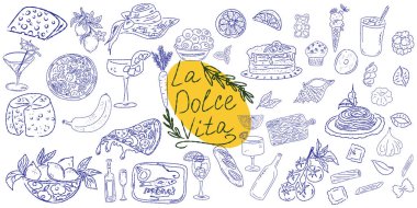 El çizimi yaz yemeği ikonları. Akdeniz la dolce vita. Sketchy kaprisli tarzı