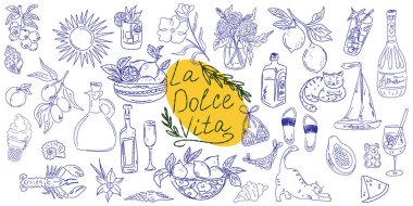 El çizimi yaz yemeği ikonları. Akdeniz la dolce vita. Sketchy kaprisli tarzı