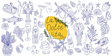El çizimi yaz yemeği ikonları. Akdeniz la dolce vita. Sketchy kaprisli tarzı