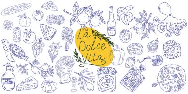 El çizimi yaz yemeği ikonları. Akdeniz la dolce vita. Sketchy kaprisli tarzı