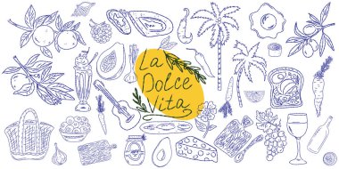 El çizimi yaz yemeği ikonları. Akdeniz la dolce vita. Sketchy kaprisli tarzı