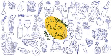 El çizimi yaz yemeği ikonları. Akdeniz la dolce vita. Sketchy kaprisli tarzı