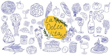 El çizimi yaz yemeği ikonları. Akdeniz la dolce vita. Sketchy kaprisli tarzı
