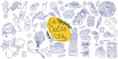 El çizimi yaz yemeği ikonları. Akdeniz la dolce vita. Sketchy kaprisli tarzı