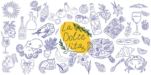 El çizimi yaz yemeği ikonları. Akdeniz la dolce vita. Sketchy kaprisli tarzı
